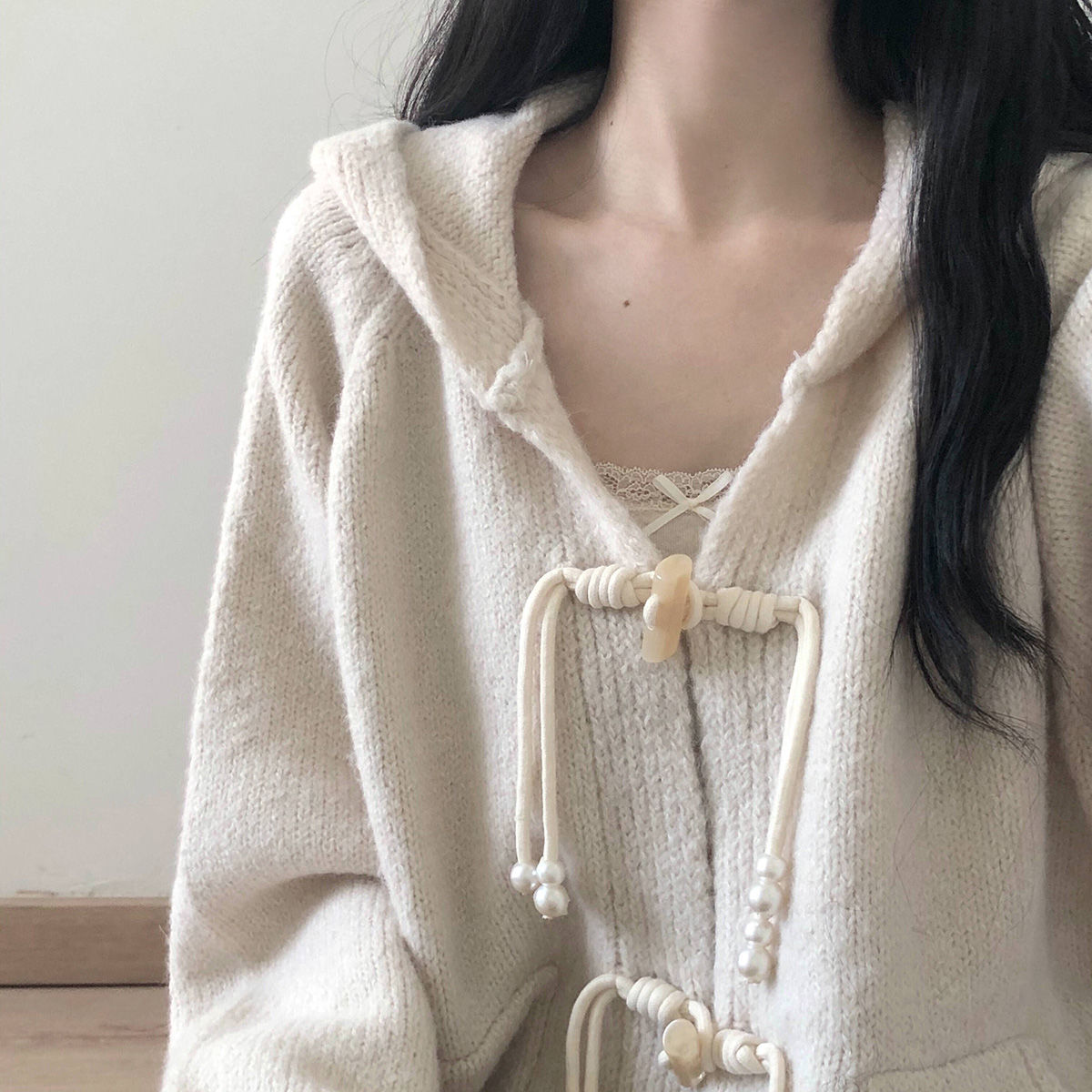 复古着感温柔慵懒牛角扣连帽软糯毛衣外套宽松针织开衫上衣女秋冬