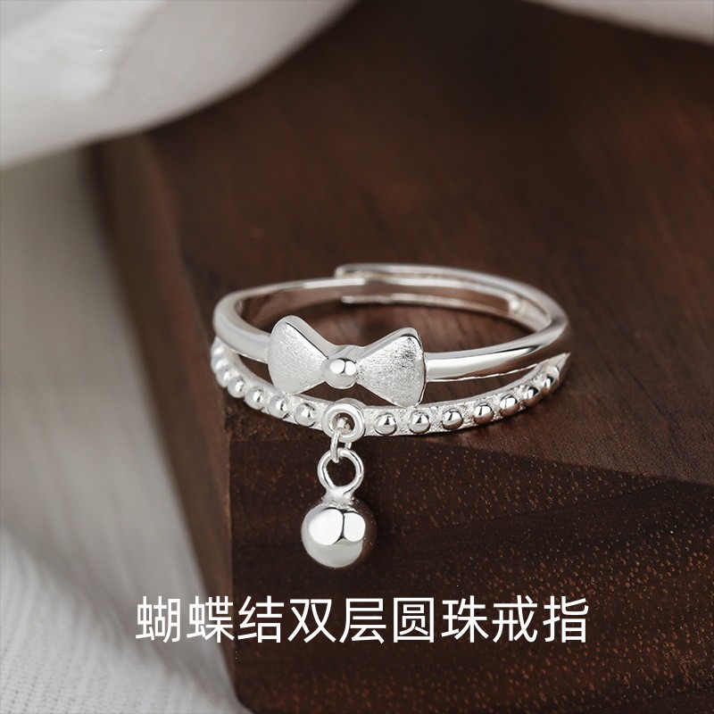 足银戒指 足银99拉丝在逃公主指环素银甜美女蝴蝶结圆珠双层戒指