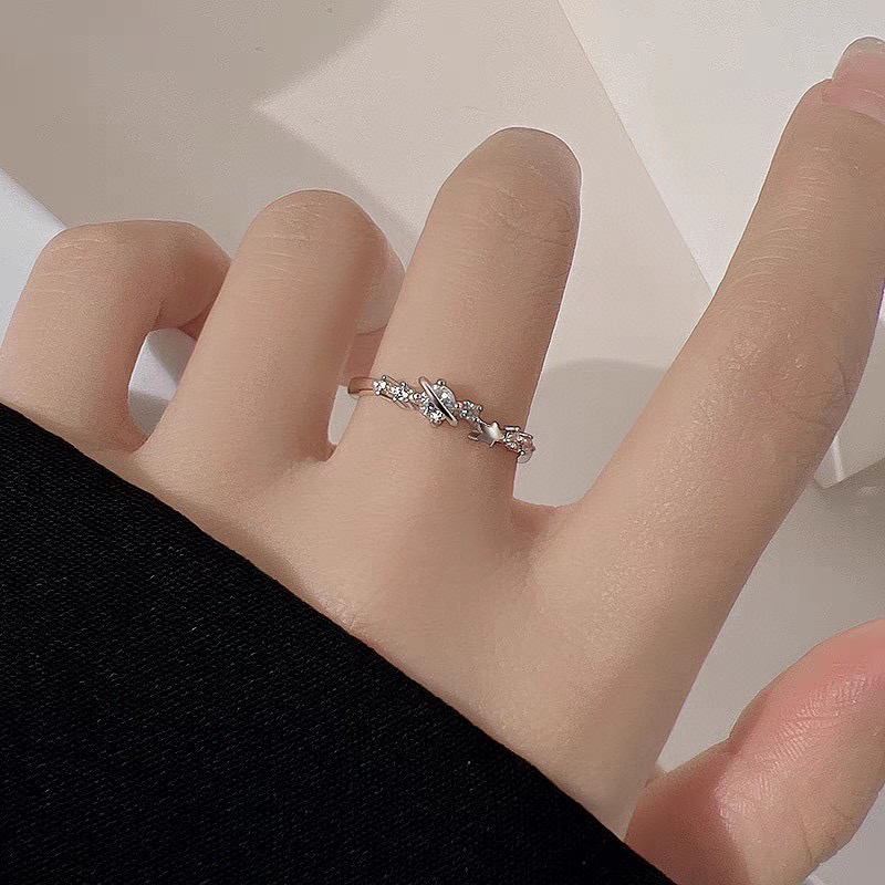 足银锆石戒指 999纯银戒指女小清新星星地球微镶开口食指指环小众