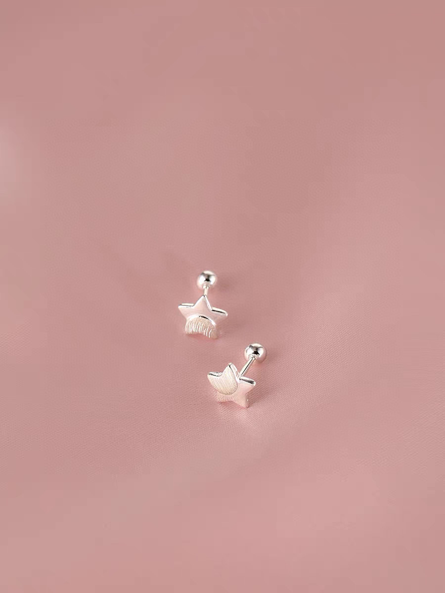 足银耳饰 螺丝耳钉女磨砂星星设计精致优雅甜美可爱五角星免摘