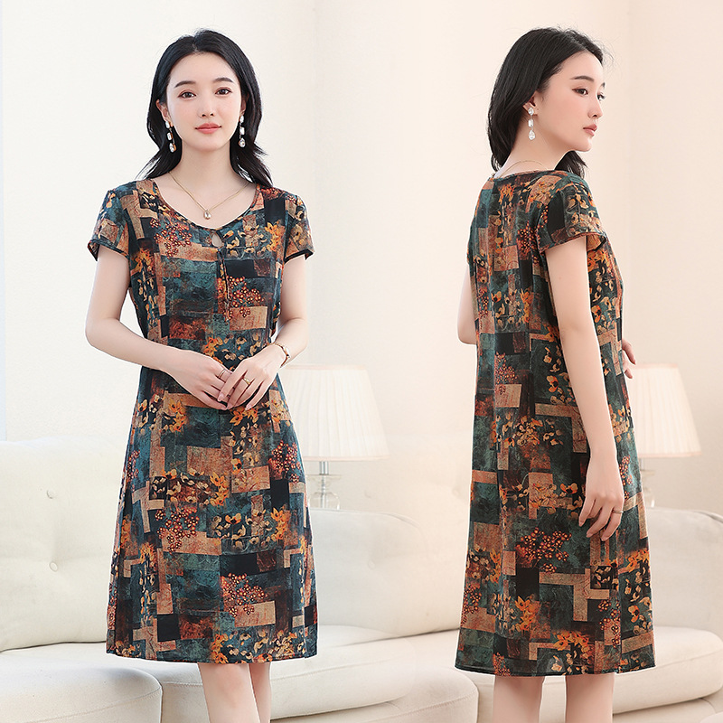 杭州真丝连衣裙女中长款2025夏装新款短袖妈妈桑蚕丝大码丝绸裙子