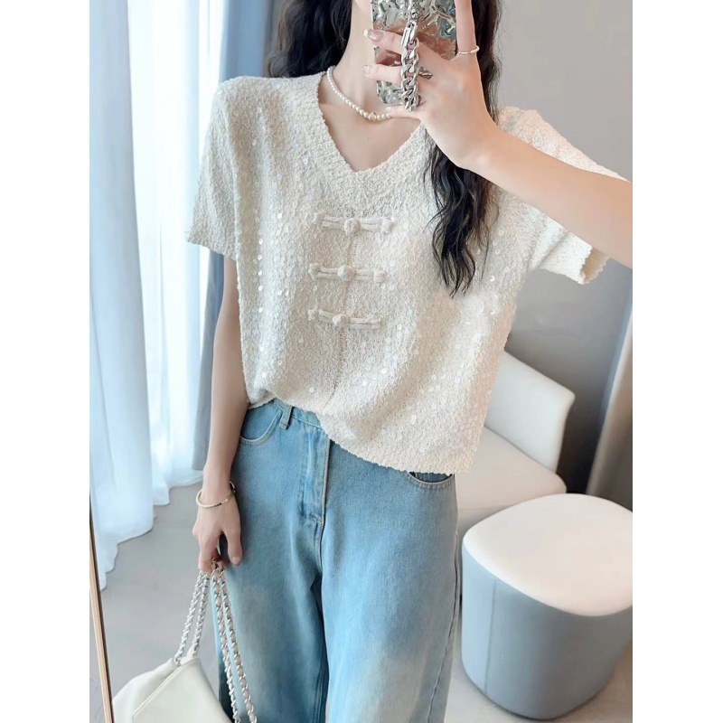 国风上衣女款爆款2024夏季新款V领设计感洋气显瘦针织衫女夏短袖