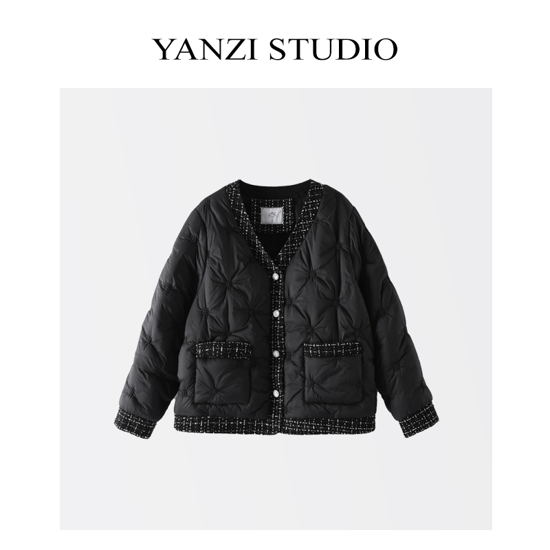燕子定制精致感小香风拼接V领百搭230斤大码保暖棉服外套女YD0040