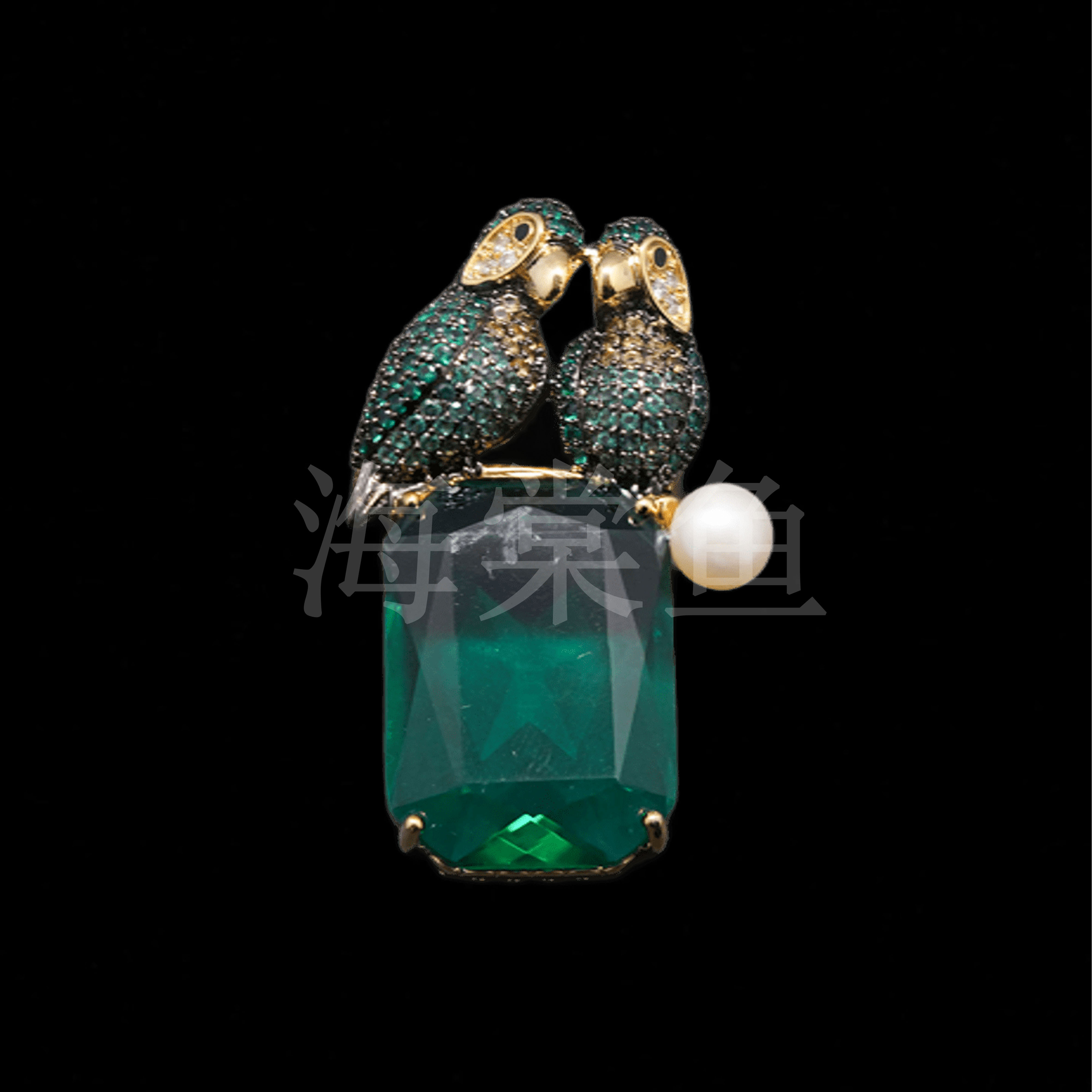 铜合金仿水晶胸针 时尚个性百搭绿色双鹦鹉胸针5138