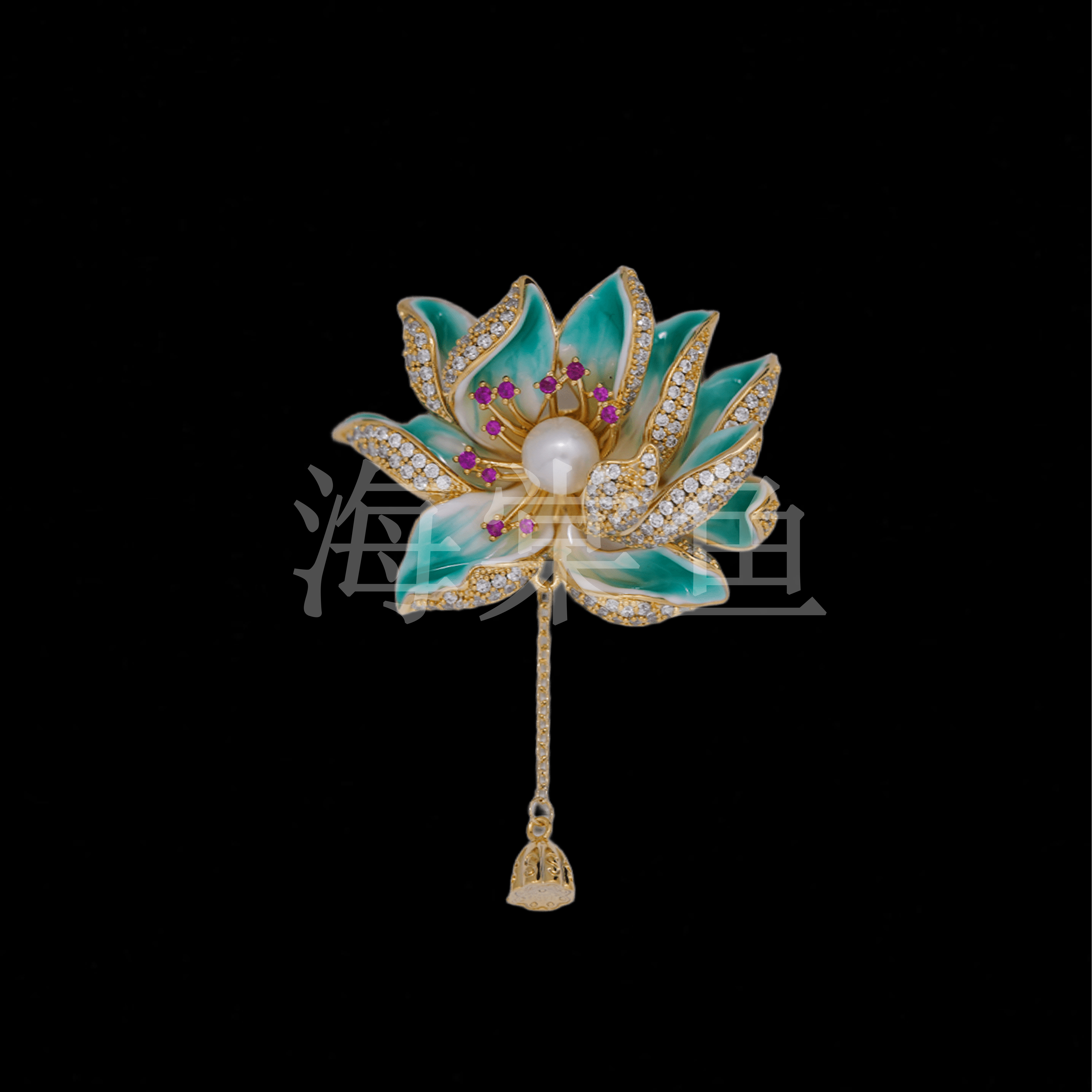 铜合金合成锆石胸针 HY1846绿莲之心胸针