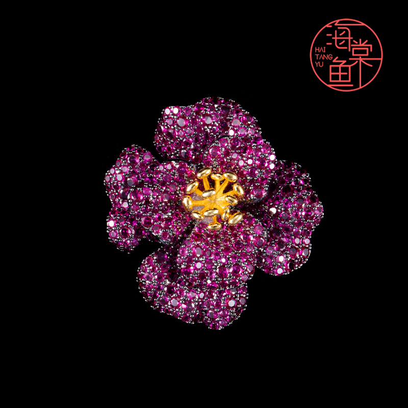 铜合金合成锆石胸针 时尚复古精致气质玫红花朵胸针3004