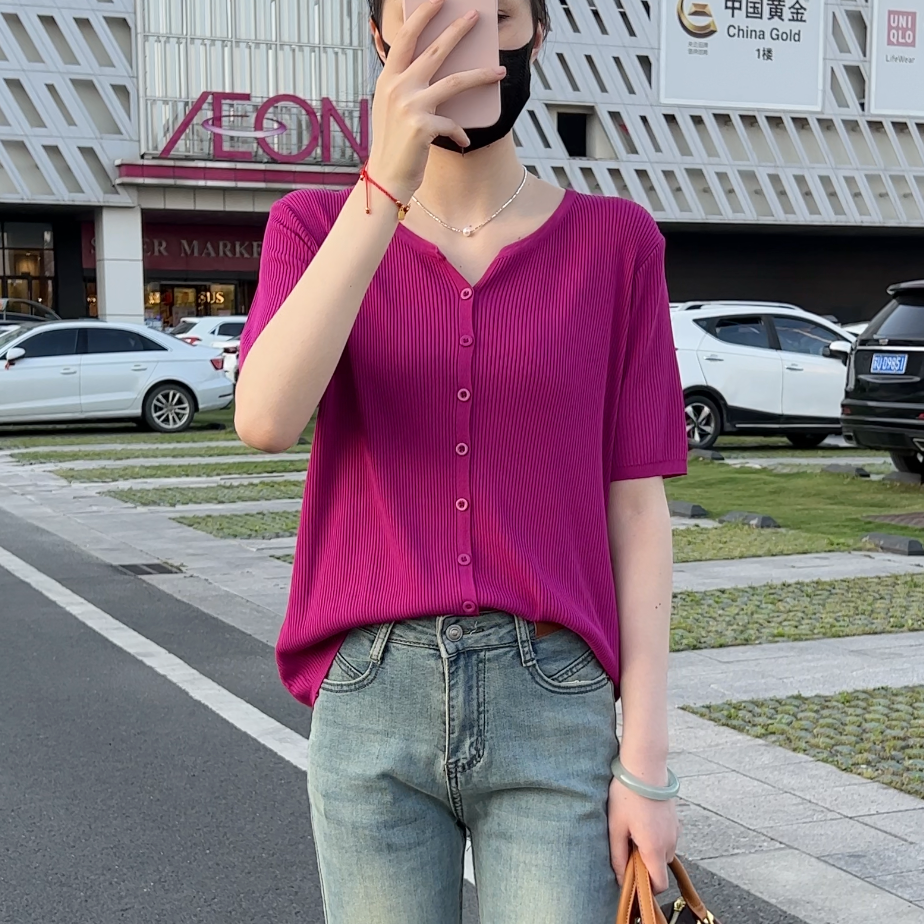 冰丝针织短款T恤女夏季2024年新款韩版小众宽松气质外搭短袖上衣