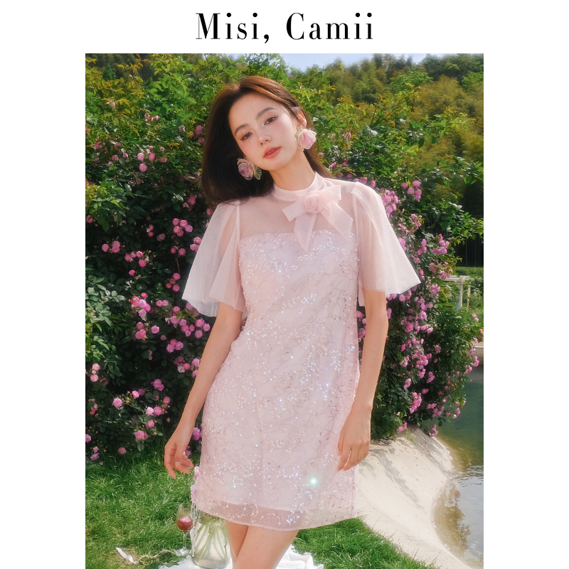 Misi,Camii春夏蝴蝶结钉珠连衣裙设计师款名媛浪漫裙法式复古短裙
