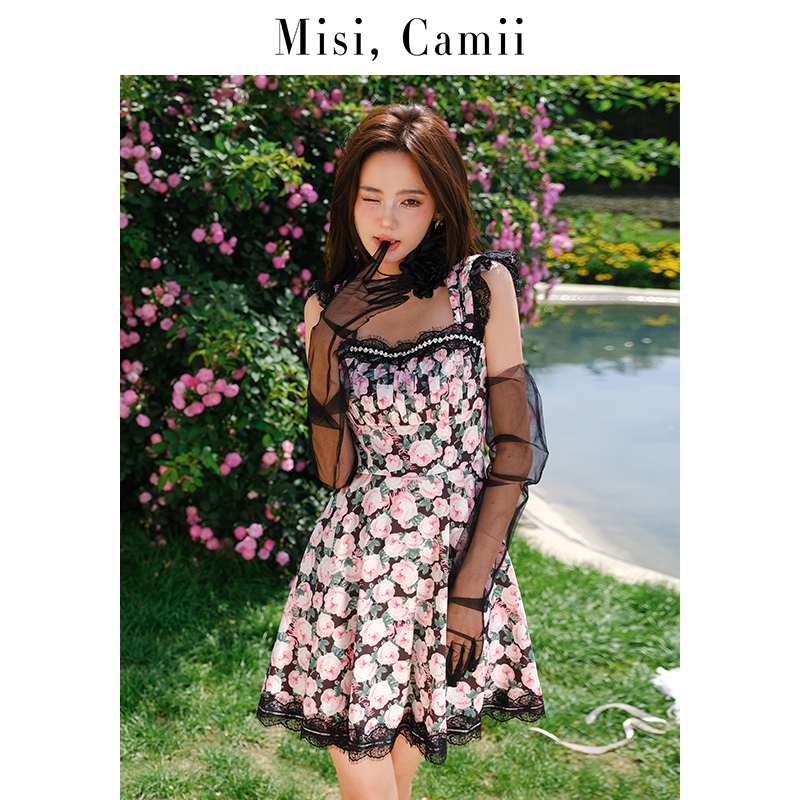 Misi,Camii【破价款】蕾丝玫瑰印花裙碎花收腰法式复古连衣裙气质