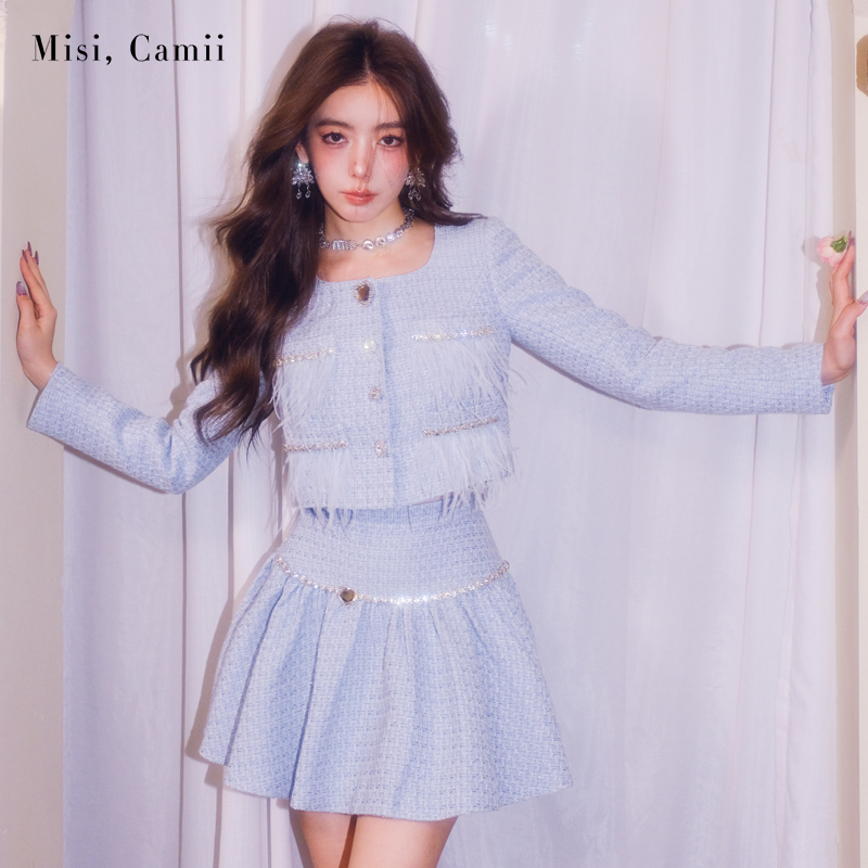 Misi,Camii早秋新款女士时尚名媛气质钻饰羽毛袋花呢小香风短外套