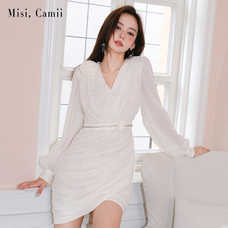 Misi,Camii法式立体花烫钻褶皱连衣裙长袖V领包臀裙时尚气质名媛