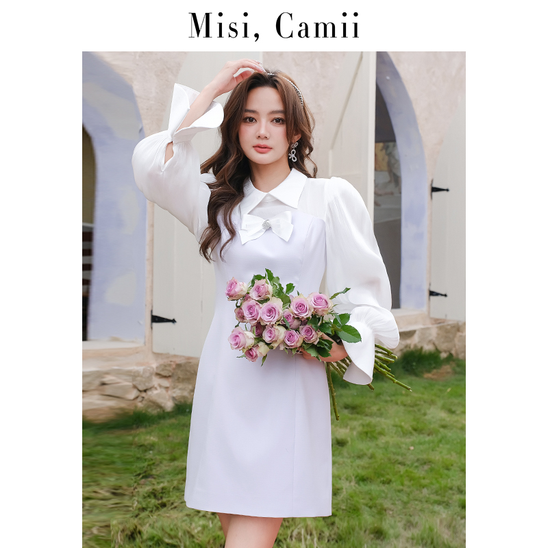 Misi,Camii2023年春夏新款手工蝴蝶结拼接气质收腰轻奢小众连衣裙