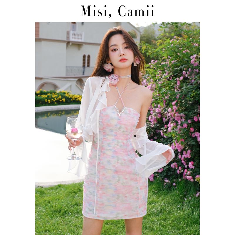 Misi,Camii春夏新款粉彩玫瑰碎花短款挂脖连衣裙无袖薄款法式时尚