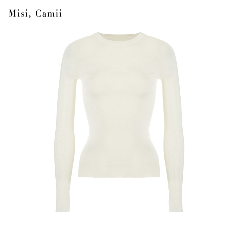 Misi,Camii早秋新款女百搭小众设计感圆领羊毛长袖打底衫修身内搭