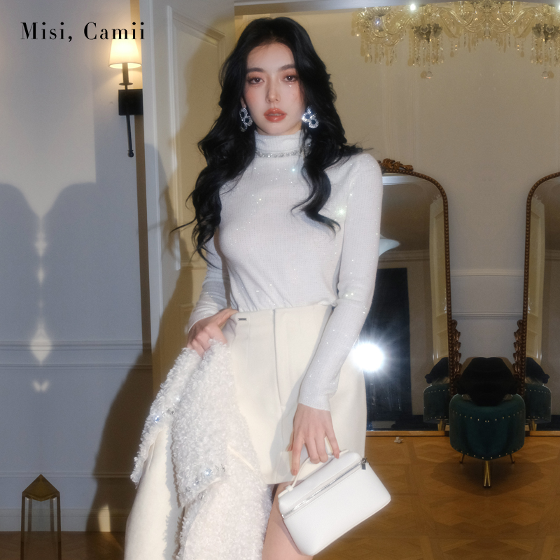 Misi,Camii冬季新款女士满烫钻高领直筒毛衫名媛轻奢时尚百搭打底