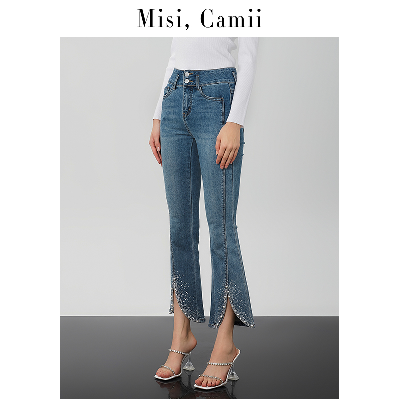 Misi,Camii春夏秋季新款烫钻珍珠花瓣裤脚开叉时尚显瘦修身牛仔裤