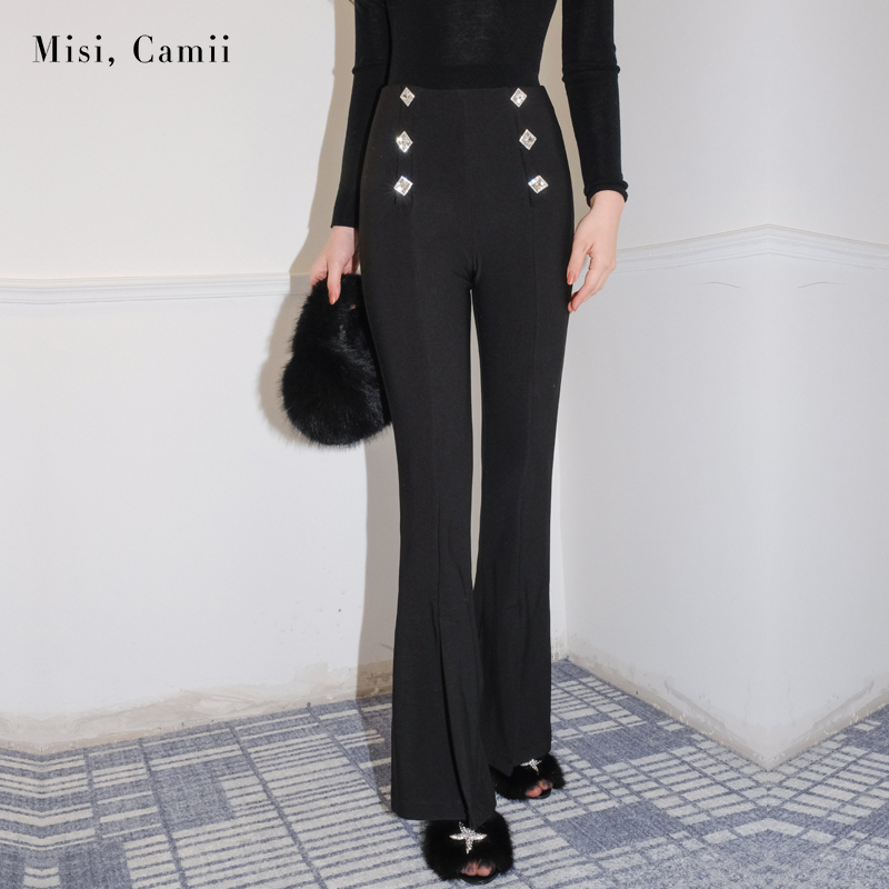 Misi,Camii冬季新款女士双排扣开叉加绒喇叭裤休闲时尚气质百搭