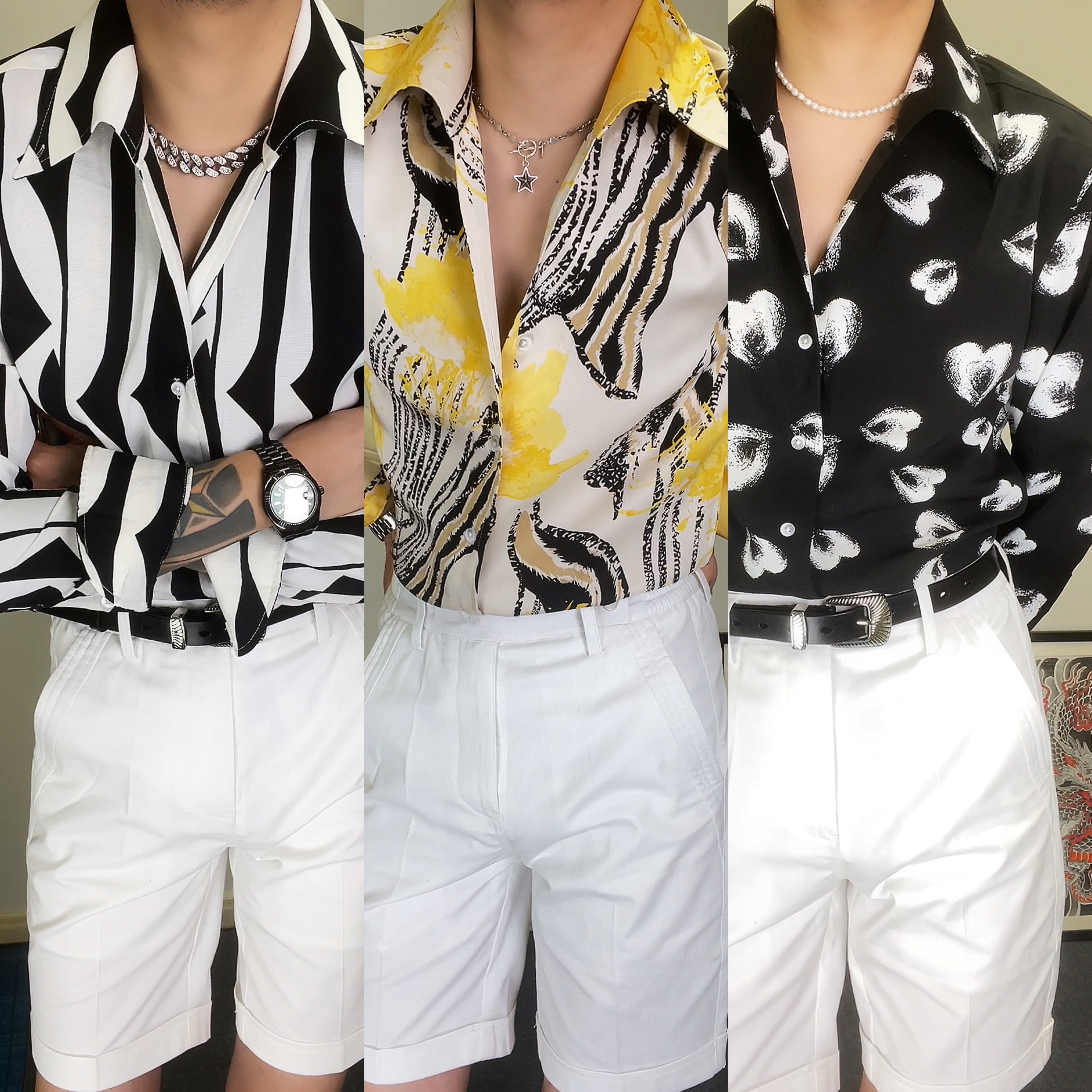 男士春夏原创时尚痞帅修身设计V领一片领印花花衬衣衬衫