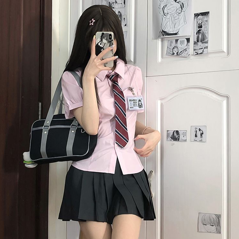 甜嗑jk制服套装纯色泡泡袖衬衫夏季百搭收腰长短袖粉色上衣学院风
