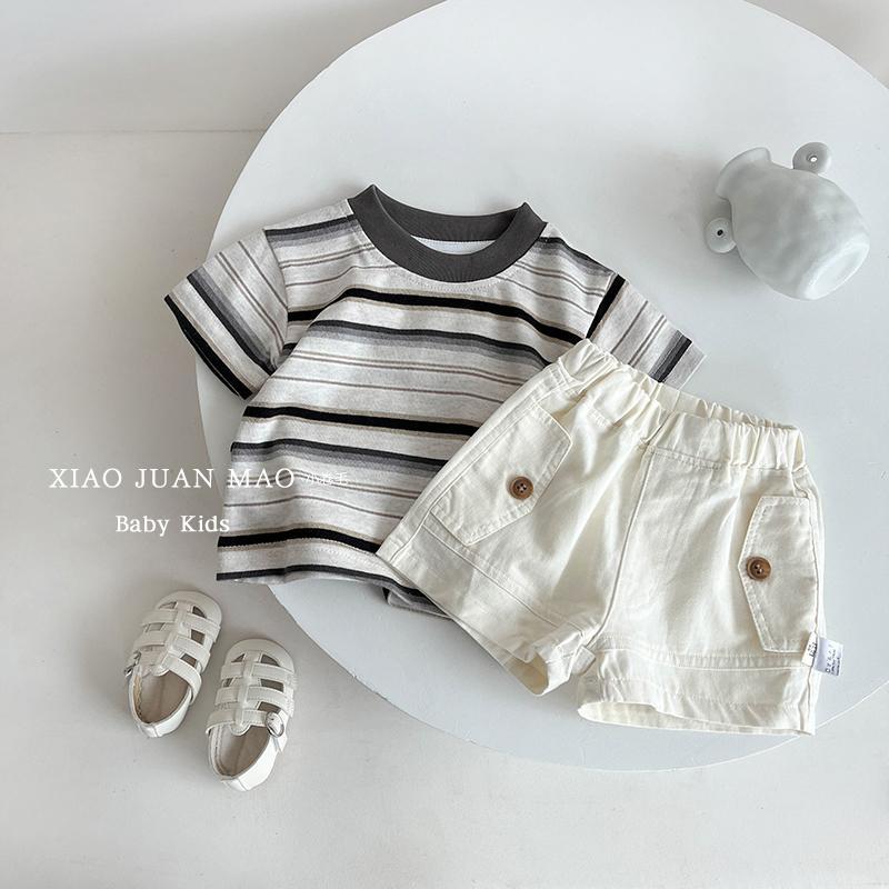 男童夏装套装2024夏季新款裤子洋气两件套圆领条纹短袖外出套装潮