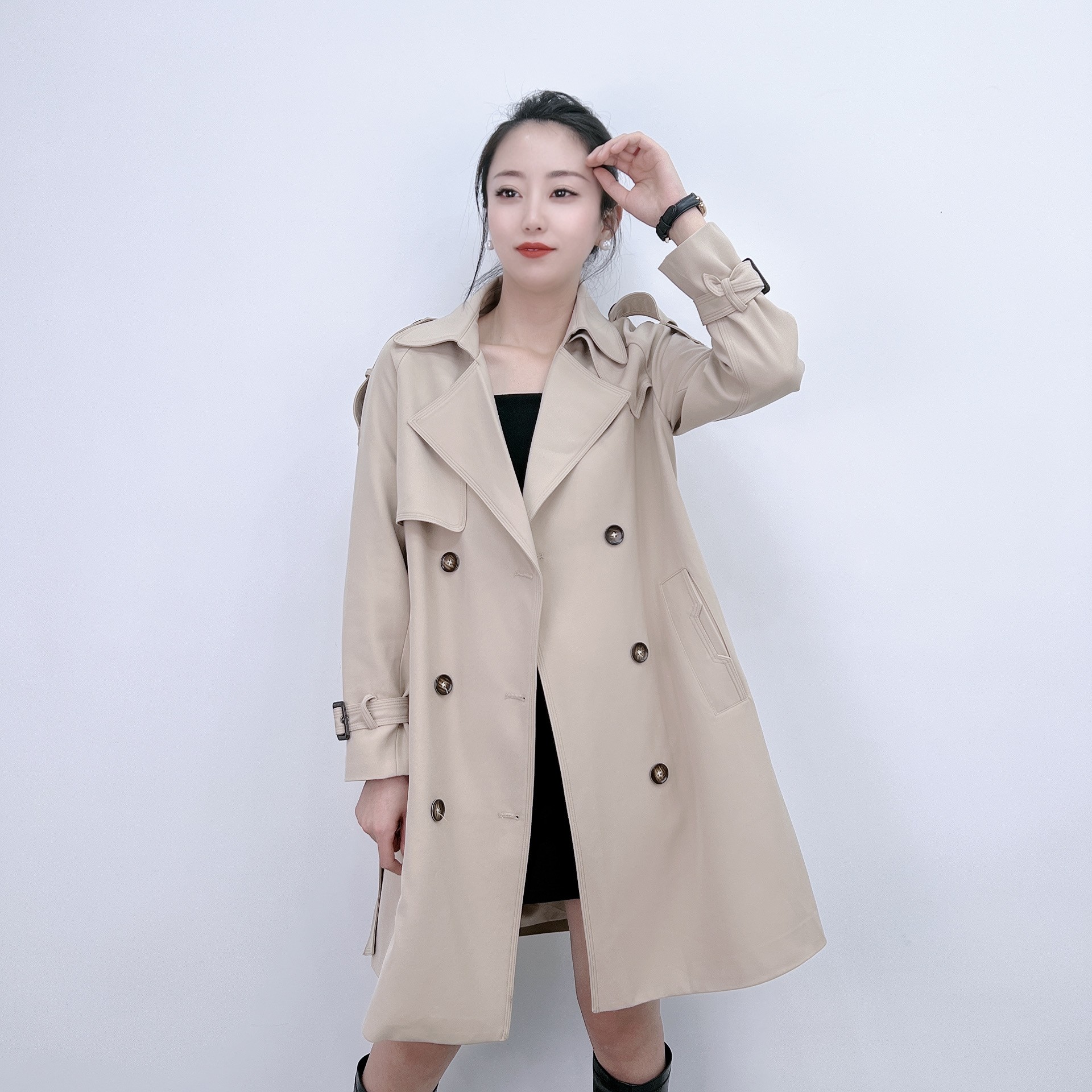 22213款双排扣风衣设计师百搭中长款风衣女外套气质