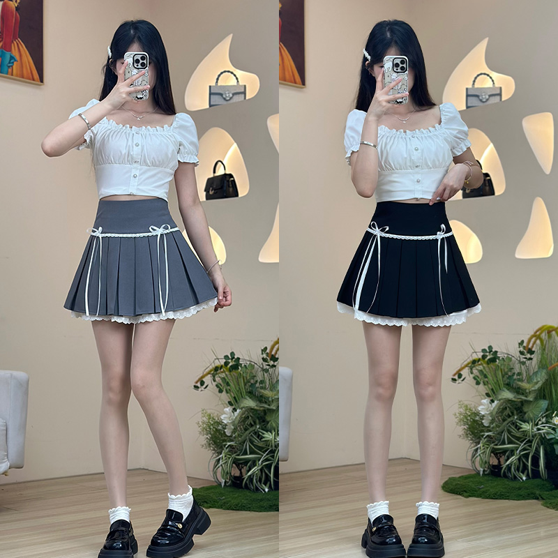 纯欲性感假两件蝴蝶结百褶短裙减龄半身裙蕾丝拼接花边a字裙女夏