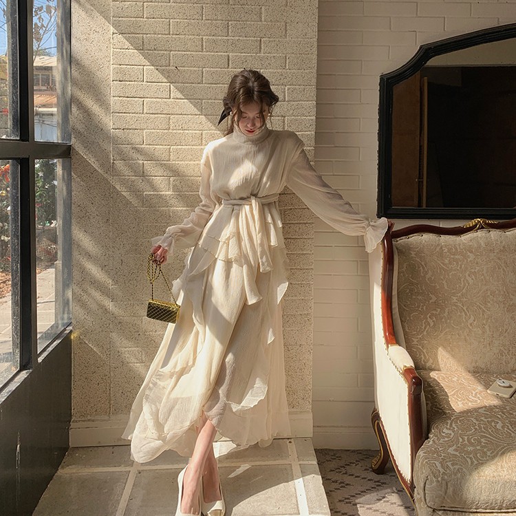 SourceWithU 原创白茶戚风 仙女温柔肌理感收腰连衣裙设计感长裙