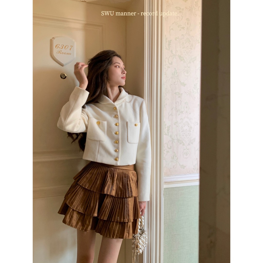 SourceWithU 南法小甜饼 法式小翻领金扣羊毛呢甜美气质短外套