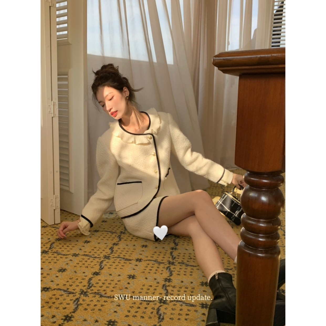 SourceWithU 小夜曲 含羊毛法式花瓣袖粗花小香风套装外套半身裙