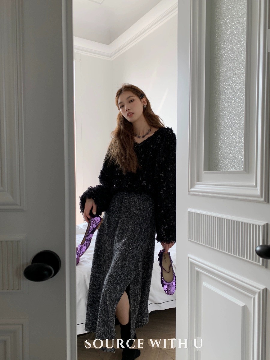 SourceWithU 12.9 哈德逊港湾 羊毛亮片针织油画开衩半裙