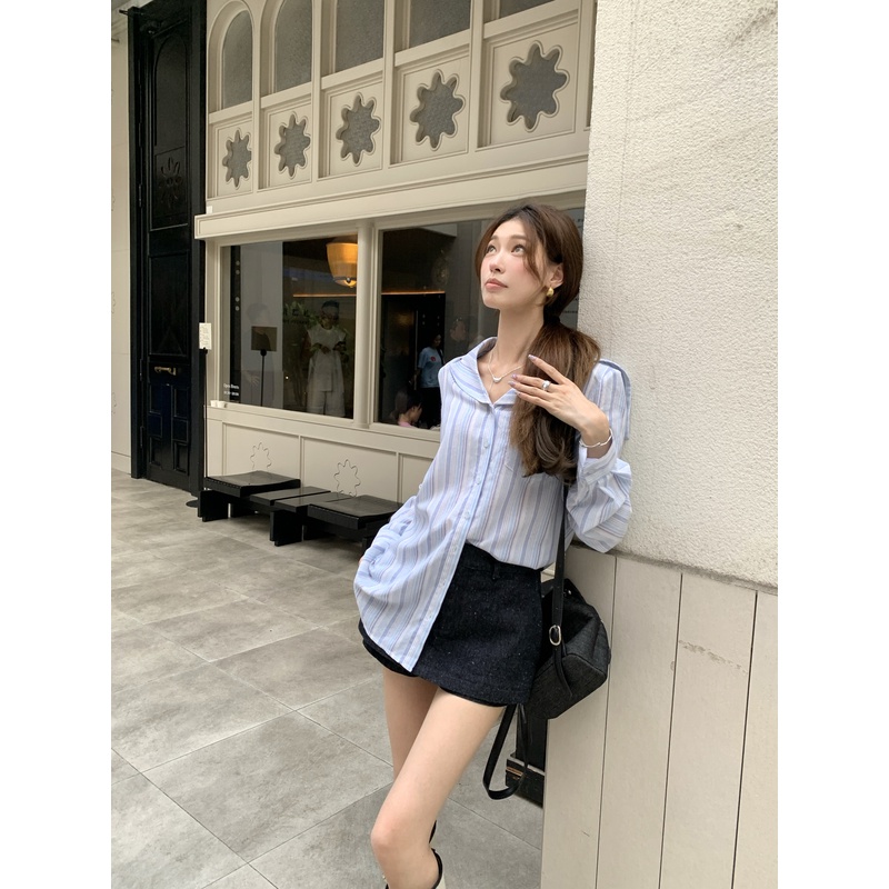 SourceWithU 7.15 NEW 海盐乌托邦绝美蓝条纹海军领衬衫半裙2件套