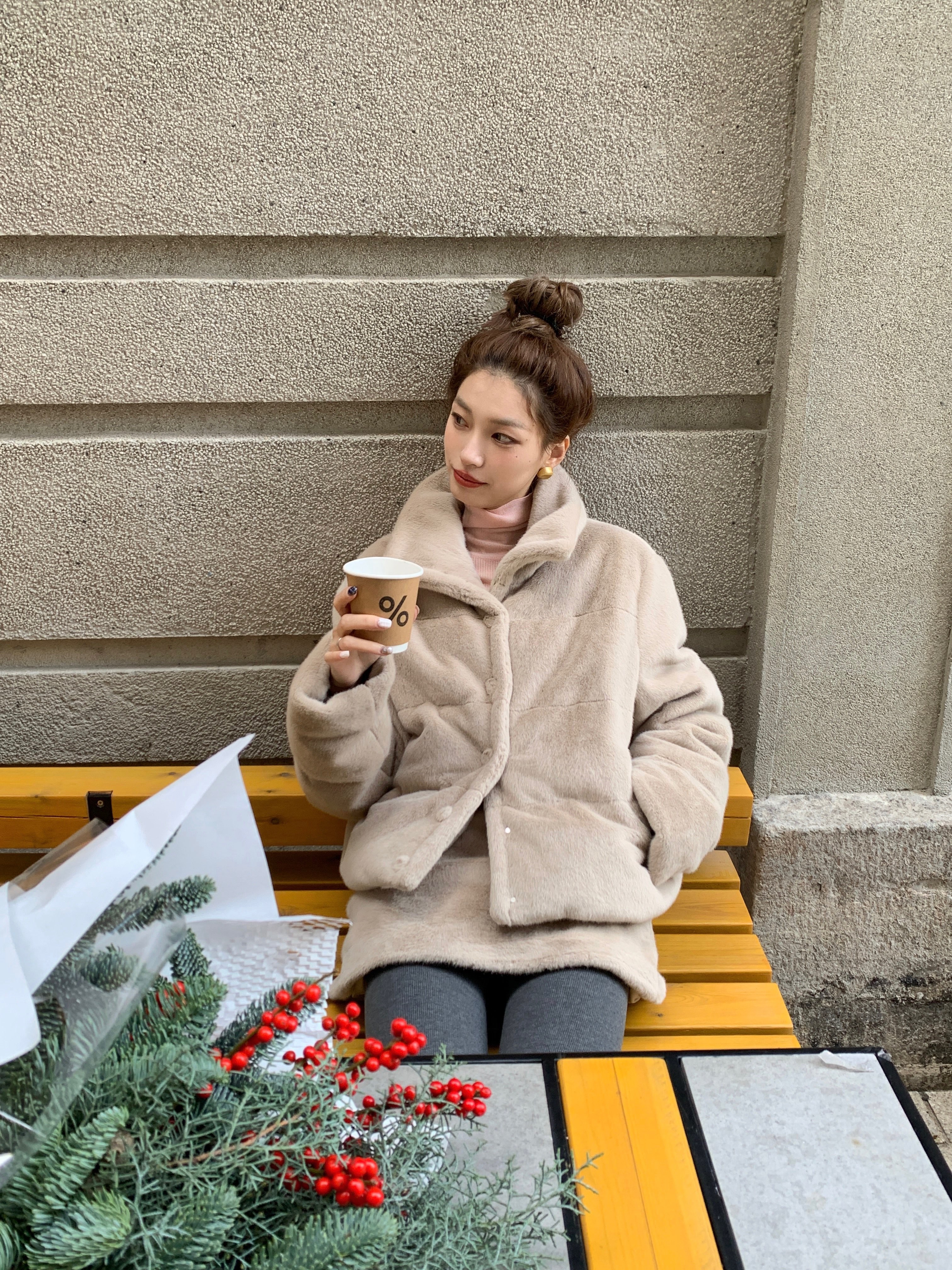 SourceWithU 雪绒麻薯 毛绒纯色翻领显瘦a字短款半裙两件套