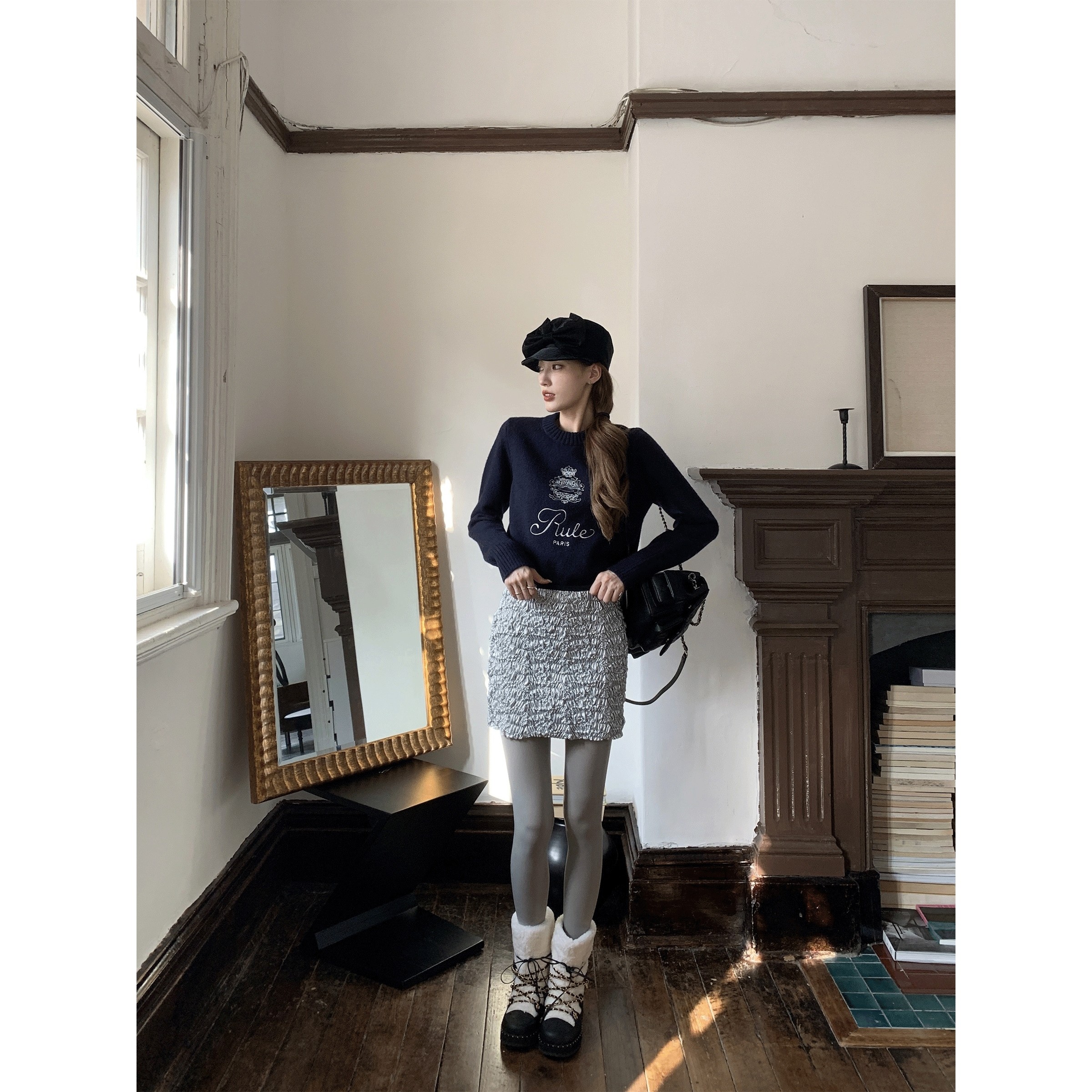 SourceWithU sa早春藤校 短绒美式复古绣毛衣圆领印花短款上衣女