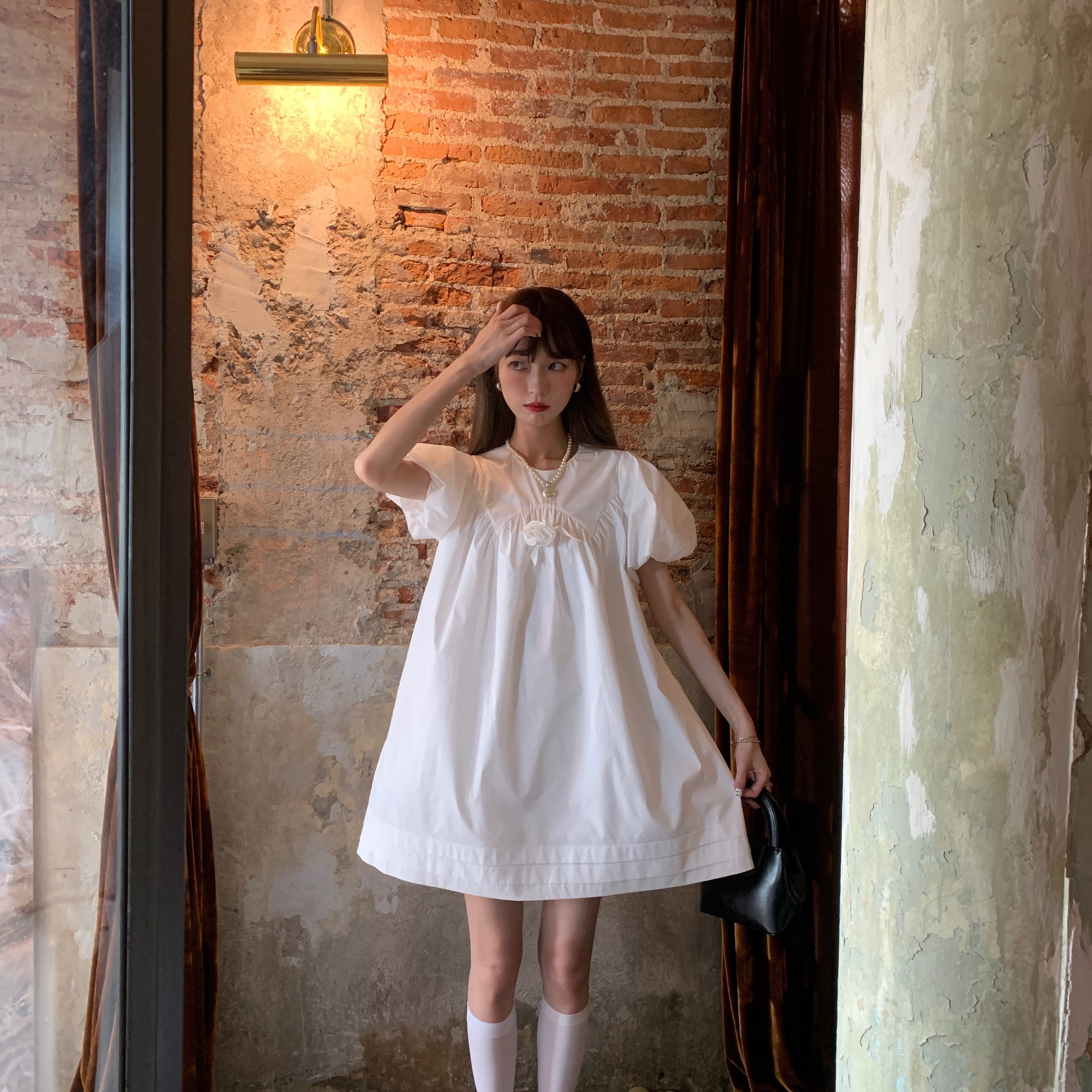 SourceWithU 晨露玫瑰 小兔/纯白花朵刺绣短袖连衣裙乖巧甜美短裙