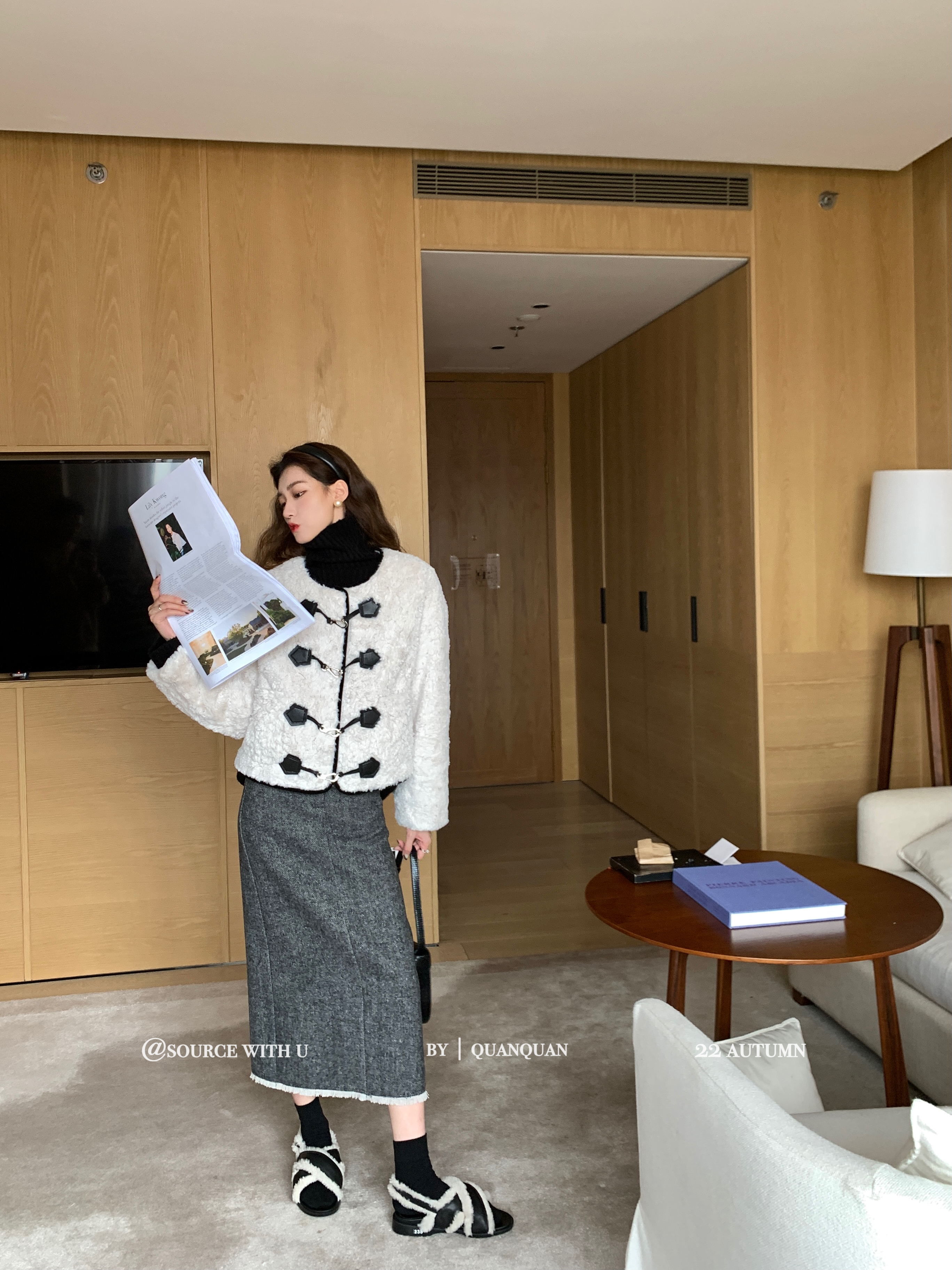 SourceWithU sa大都会雪芙 复古马蹄扣毛茸茸短外套女时髦上衣