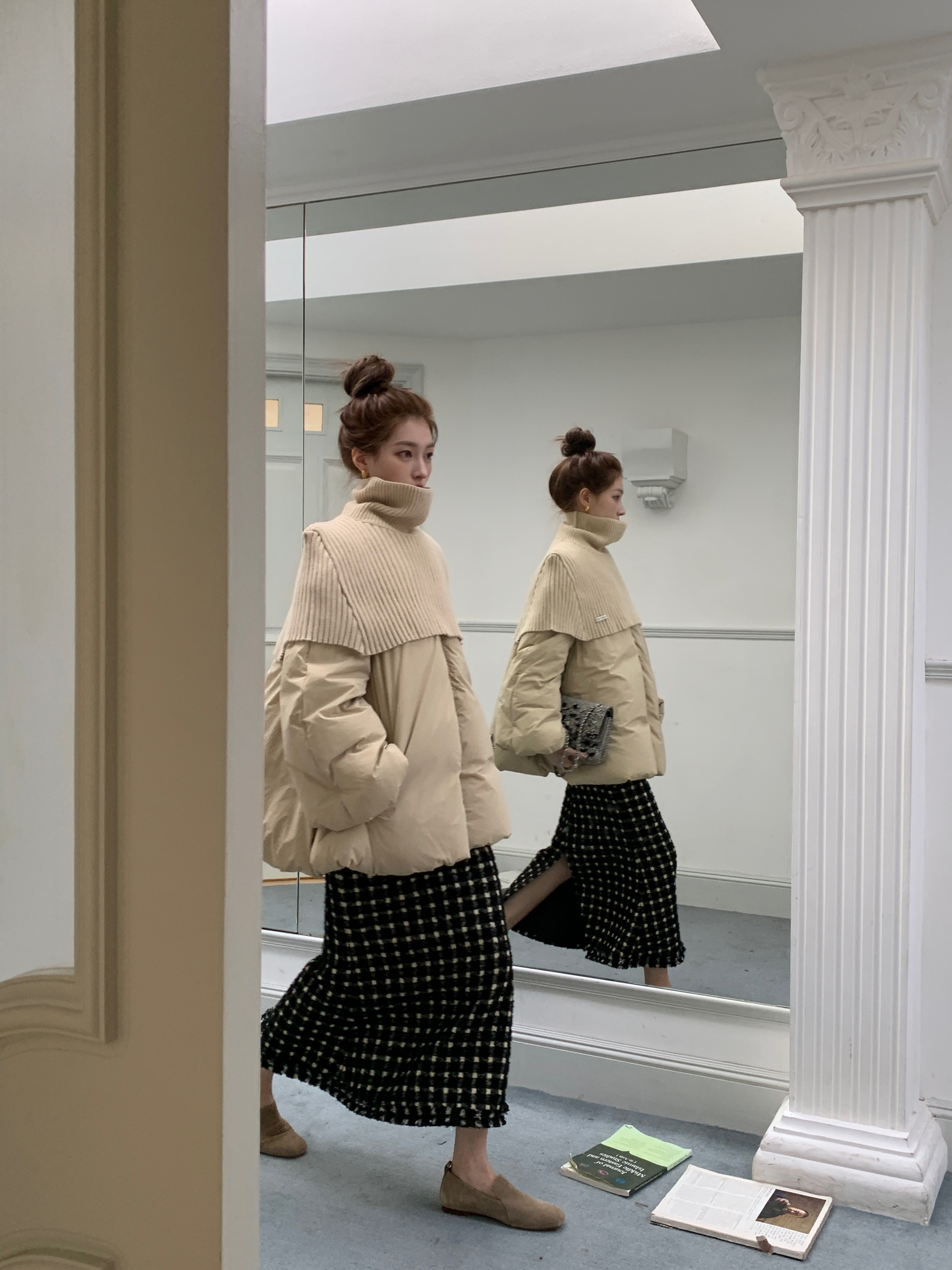 SourceWithU 小步舞曲 小香风黑白格长款毛呢半裙