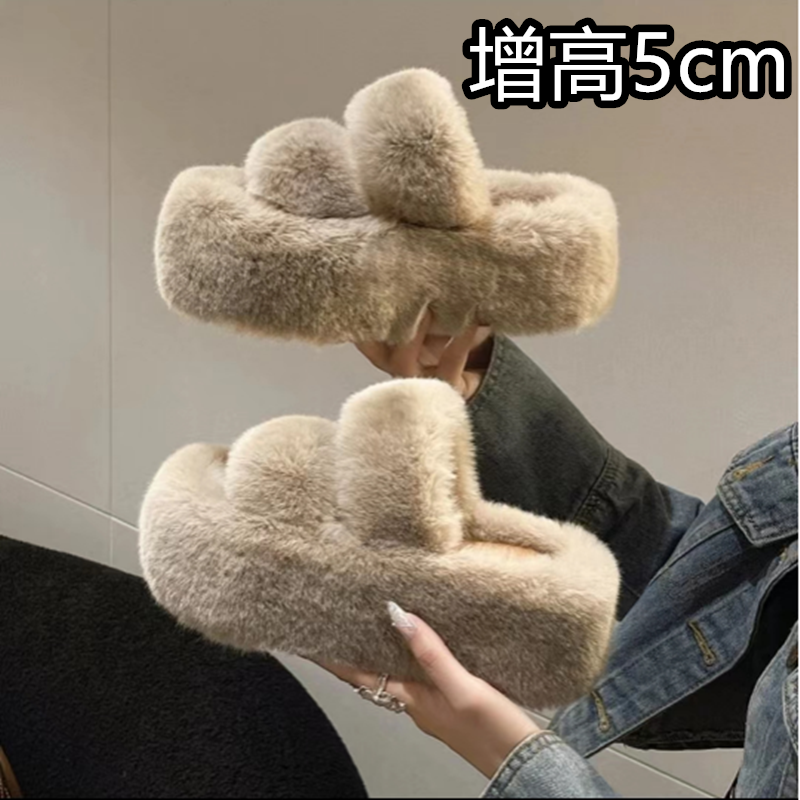 035秋冬新款双带厚底5cm时尚外穿毛毛拖