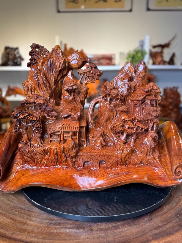 缅花山水摆件高山流水客厅玄关办公室桌面装饰