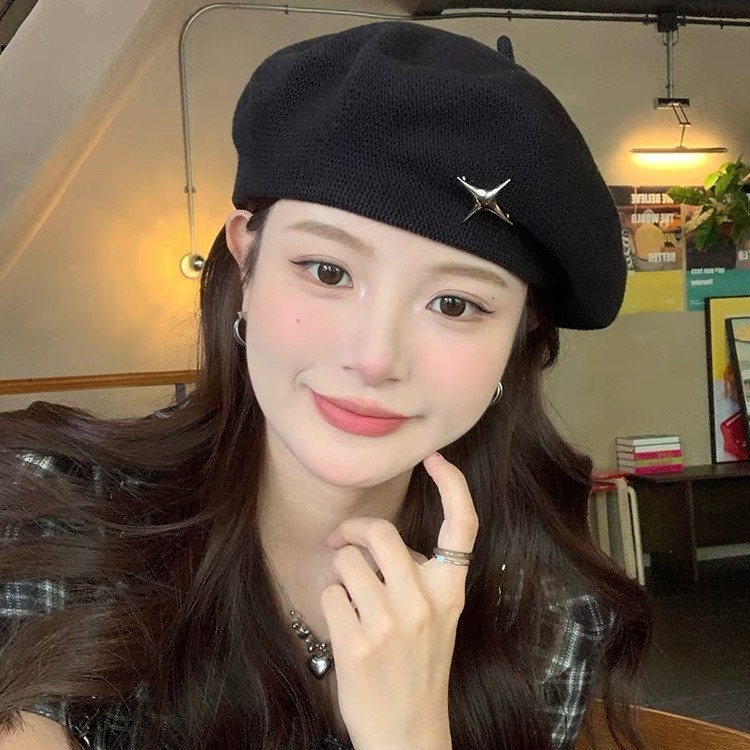 星星大头围针织黑色贝雷帽女春秋薄款画家帽显脸小八角帽秋冬帽子