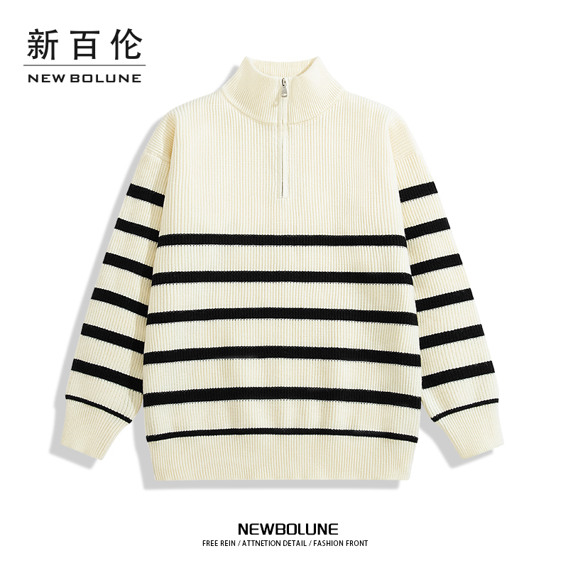 新百伦长袖针织开衫外套男秋冬款宽松半高领拉链毛衫男士百搭日系