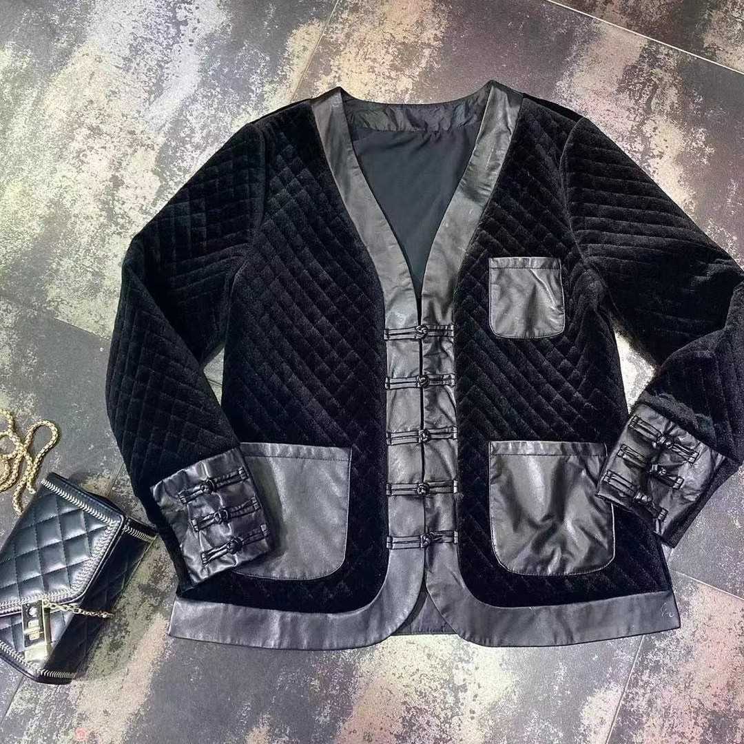 （现货）2025秋冬新款三兜唐装丝绒拼皮格棉外衣1033
