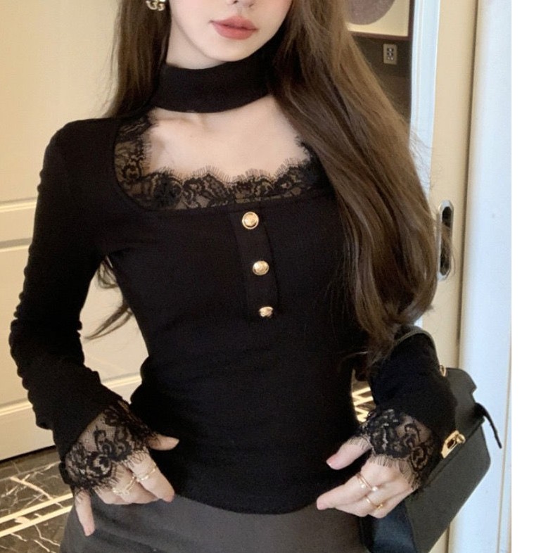 大码法式气质名媛高级感秋冬百搭修身显瘦长袖蕾丝拼接短上衣T恤