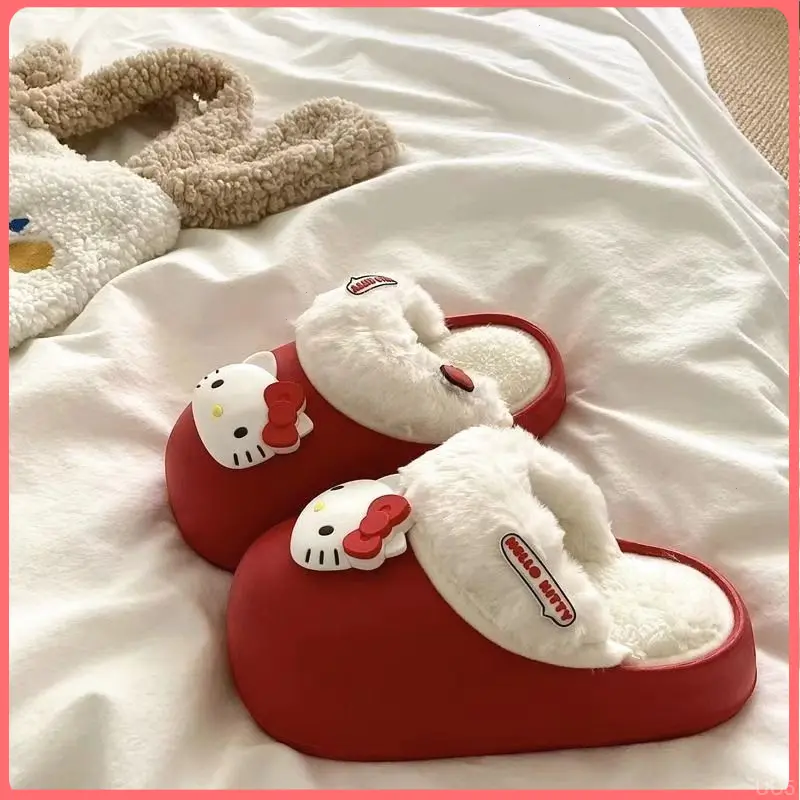 红色凯蒂猫~INS卡通美乐蒂厚底棉拖鞋冬季外穿保暖包头毛毛拖女XF