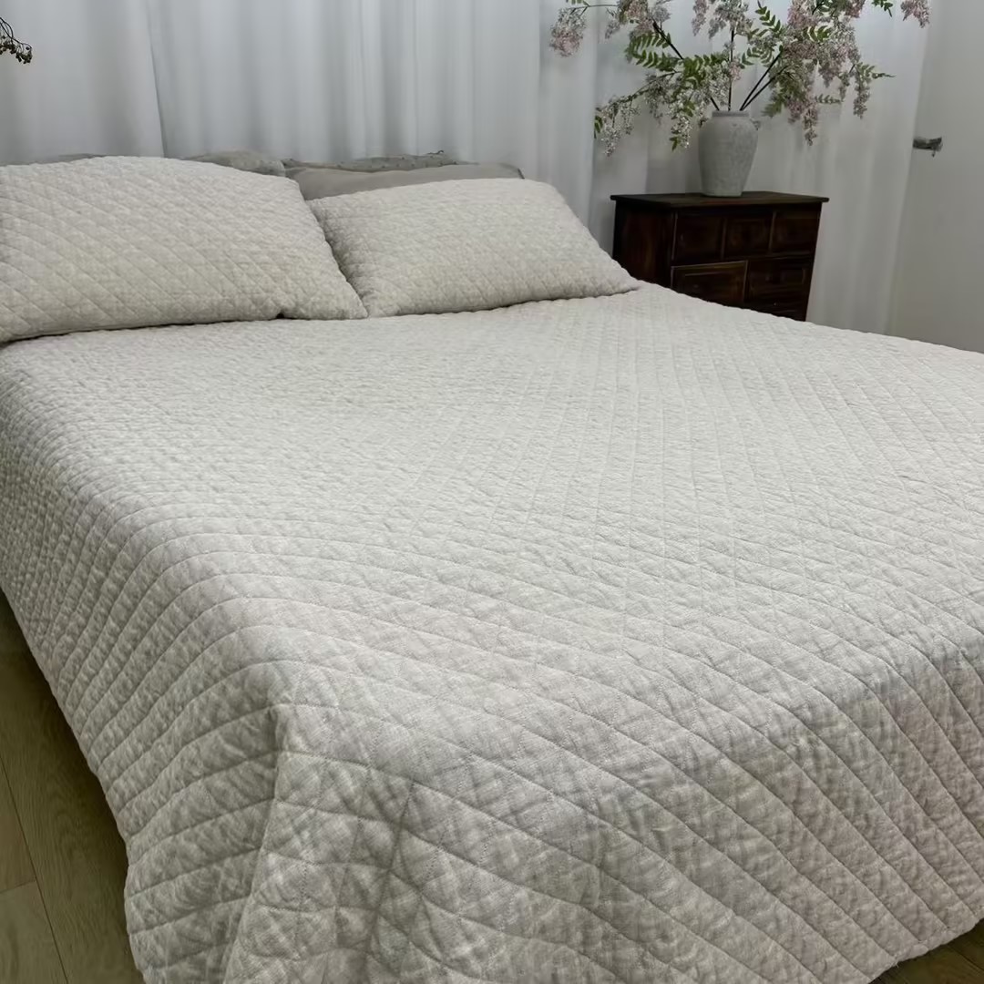 【名川】纯汉麻雨露麻绗缝床盖枕套三件套双层 加厚两用夹棉多功能