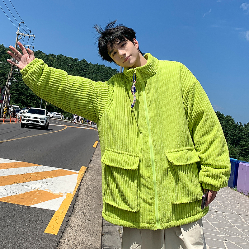 果绿色灯芯绒棉服男冬季加厚潮牌高街oversize情侣装宽松棉衣外套