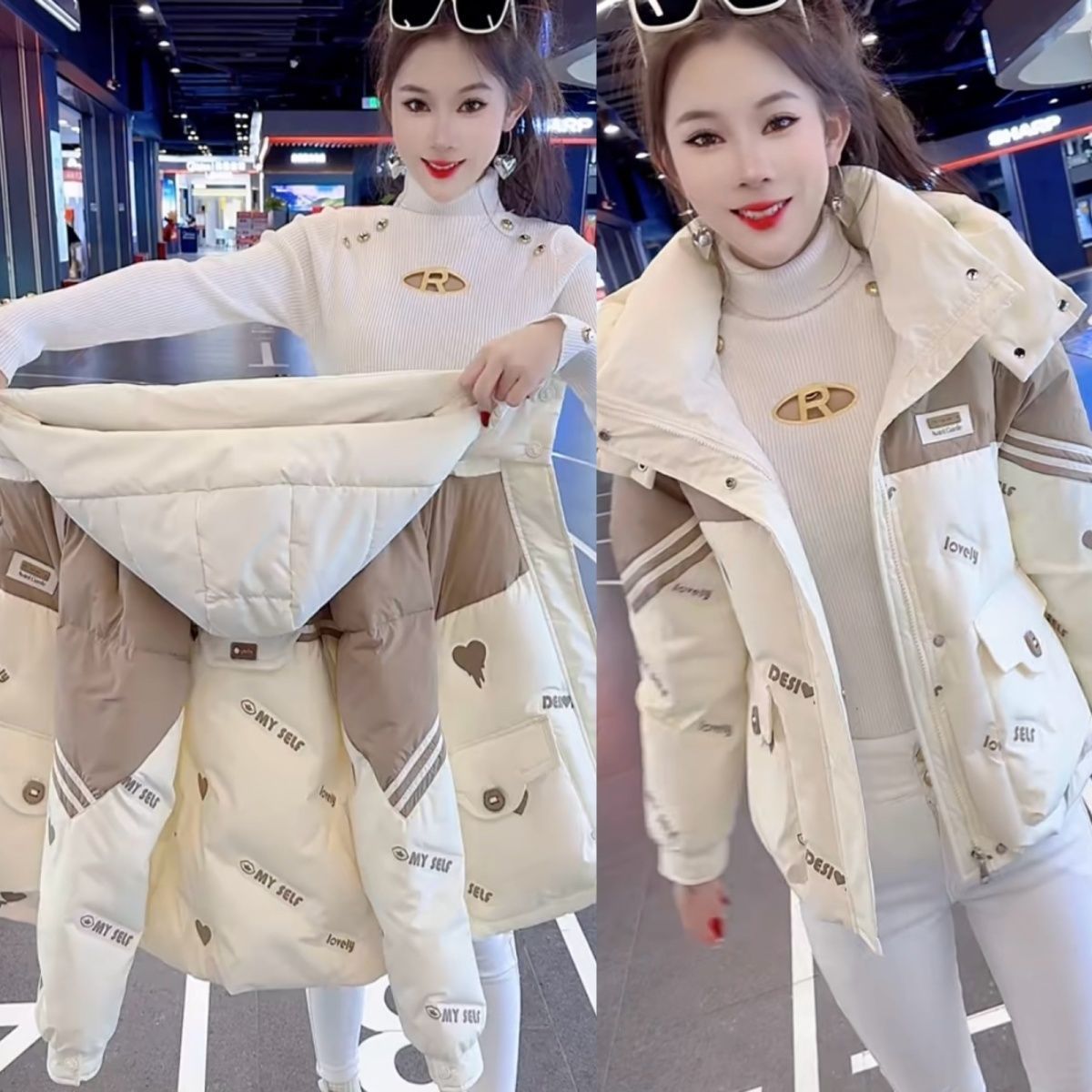 雅鹿冬款高品质白鸭绒羽绒服刺绣爱心短外套2024冬新款连帽小个子