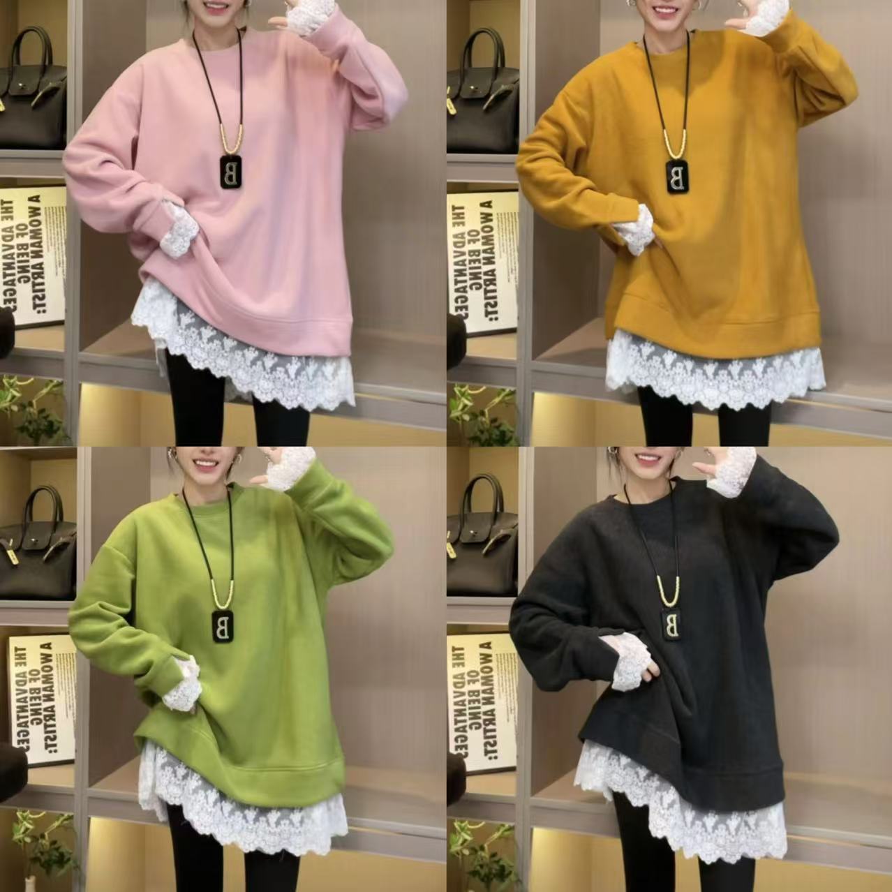 小小米粒-加绒加厚拼接蕾丝时尚百搭休闲洋气宽松中长款圆领卫衣