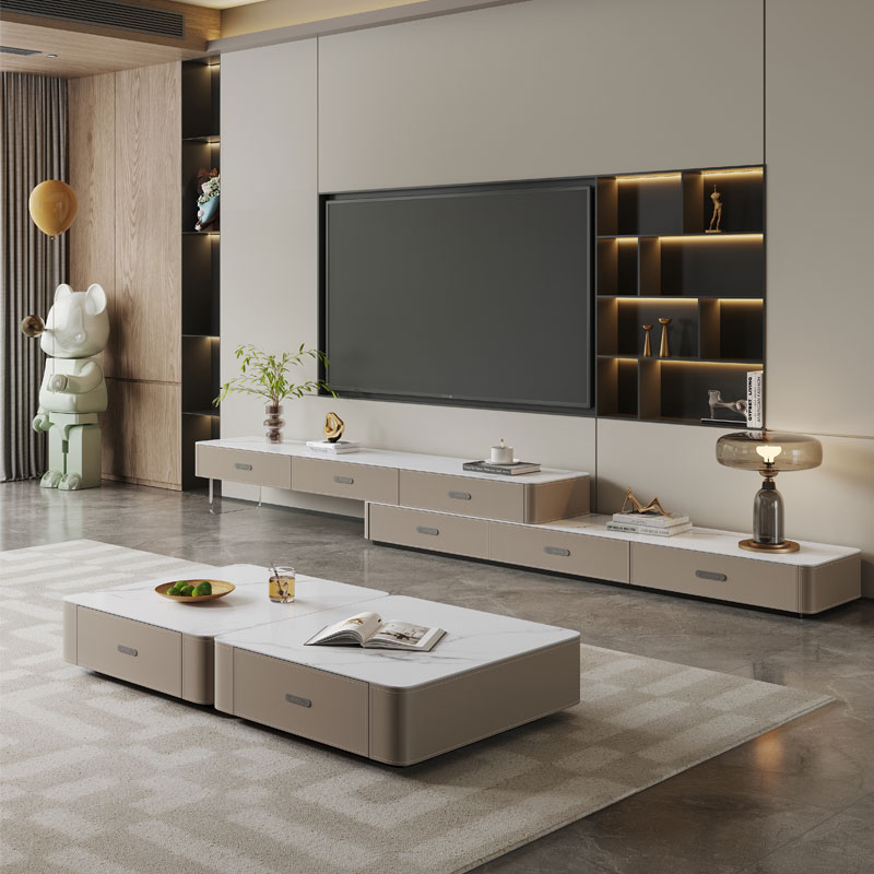 意式极简客厅家用落地大理石实木马鞍皮可伸缩电视柜茶几组合地柜