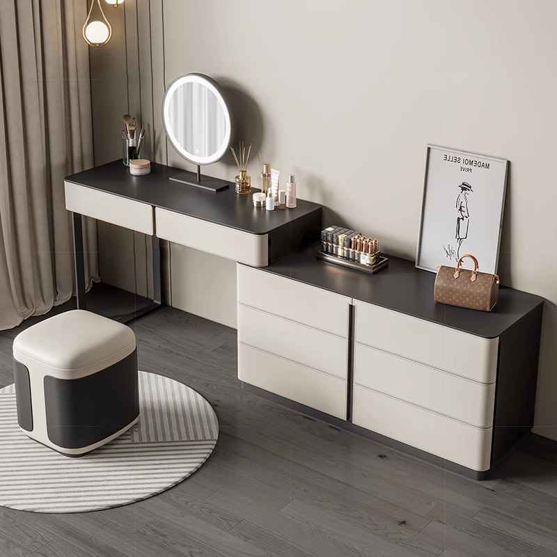 奶油风家用收纳柜一体现代简约卧室柜实木岩板马鞍皮转角化妆桌