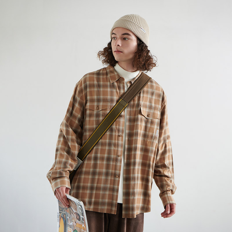 NOTHOMME山系户外复古长袖双口袋衬衣叠穿宽松格纹衬衫外套男女